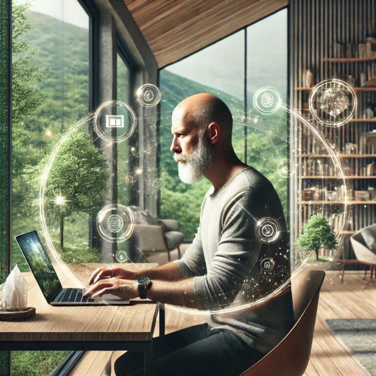 une homme travail sur son pc portable, dans un bureau avec une baie vitrée sur l'exétrieur