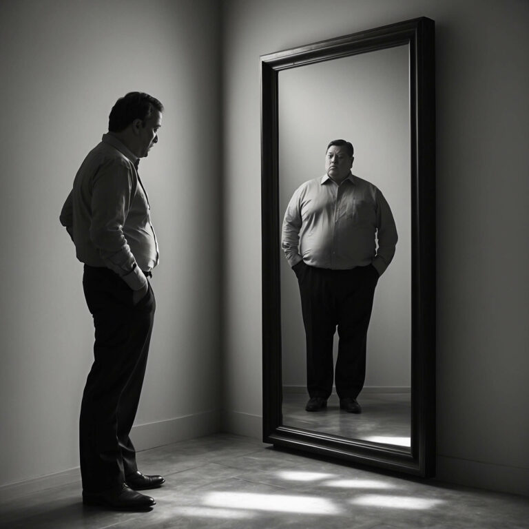 un homme se regarde dans un miroir et vois son corps qui est devenu gros