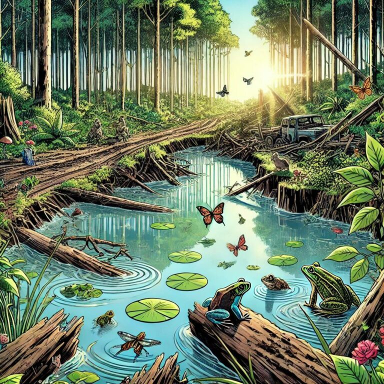 une foret résiliente qui accueille la vie après avoir été devastée, quelque décénnies plus tard les ornières ont été remplacée par des marres plein de vie.
